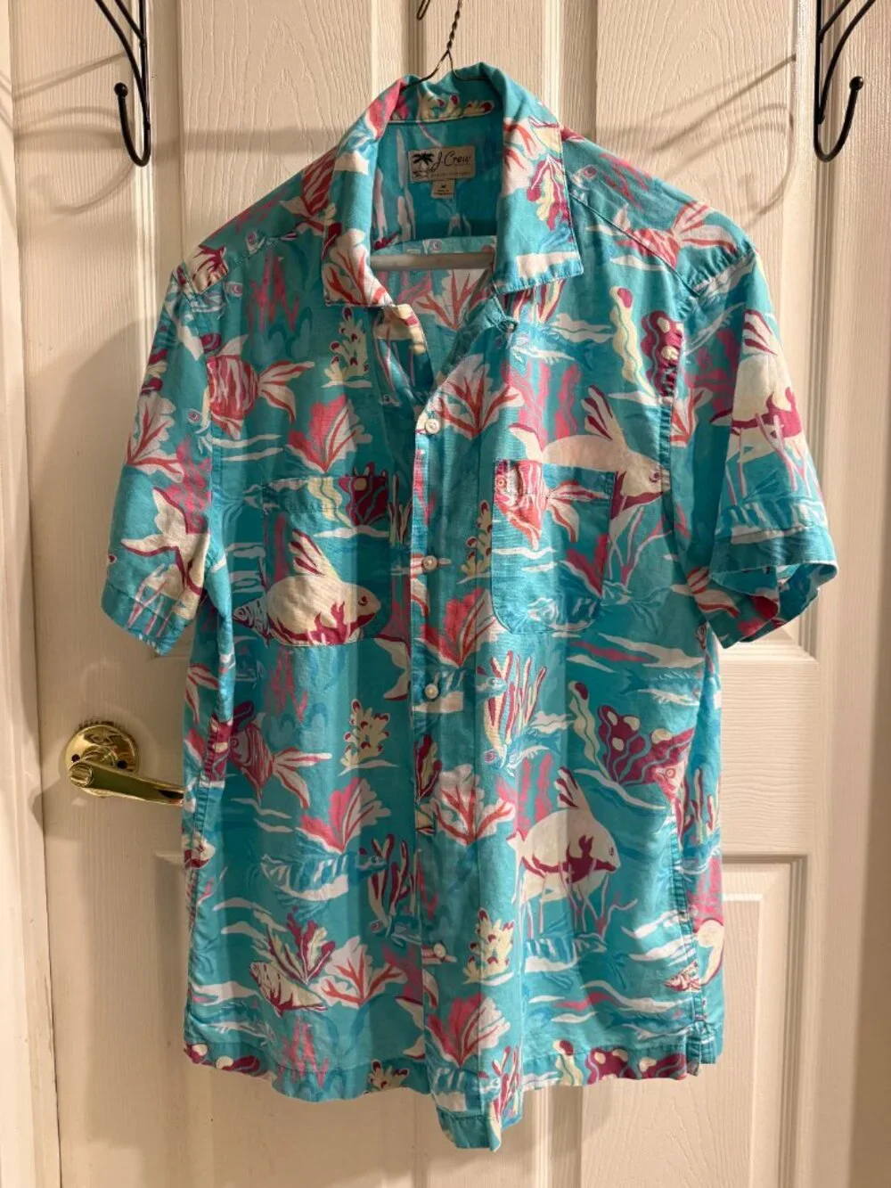 J. Crew Short-Sleeve Hawaiian Shirt, Tropical Sea Teal Multi, Men's Medium
